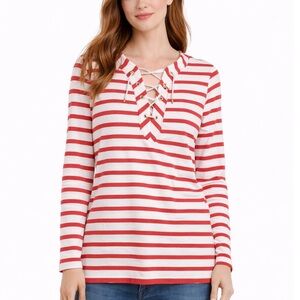 Kate Spade Nautical Coral & White Stripe Lace-Up Long Sleeve Top - Size Small